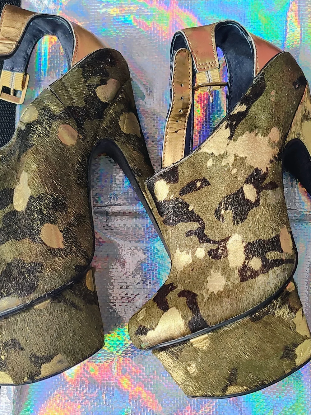 Camouflage Platform Ankle-Strap Heels in Olive Green